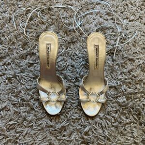 Manolo Blahnik silver strappy sandal heels